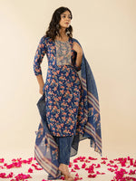 Thumbnail for Yufta Blue Cotton Dori_Embroidery Straight Kurta Dupatta Pant Set