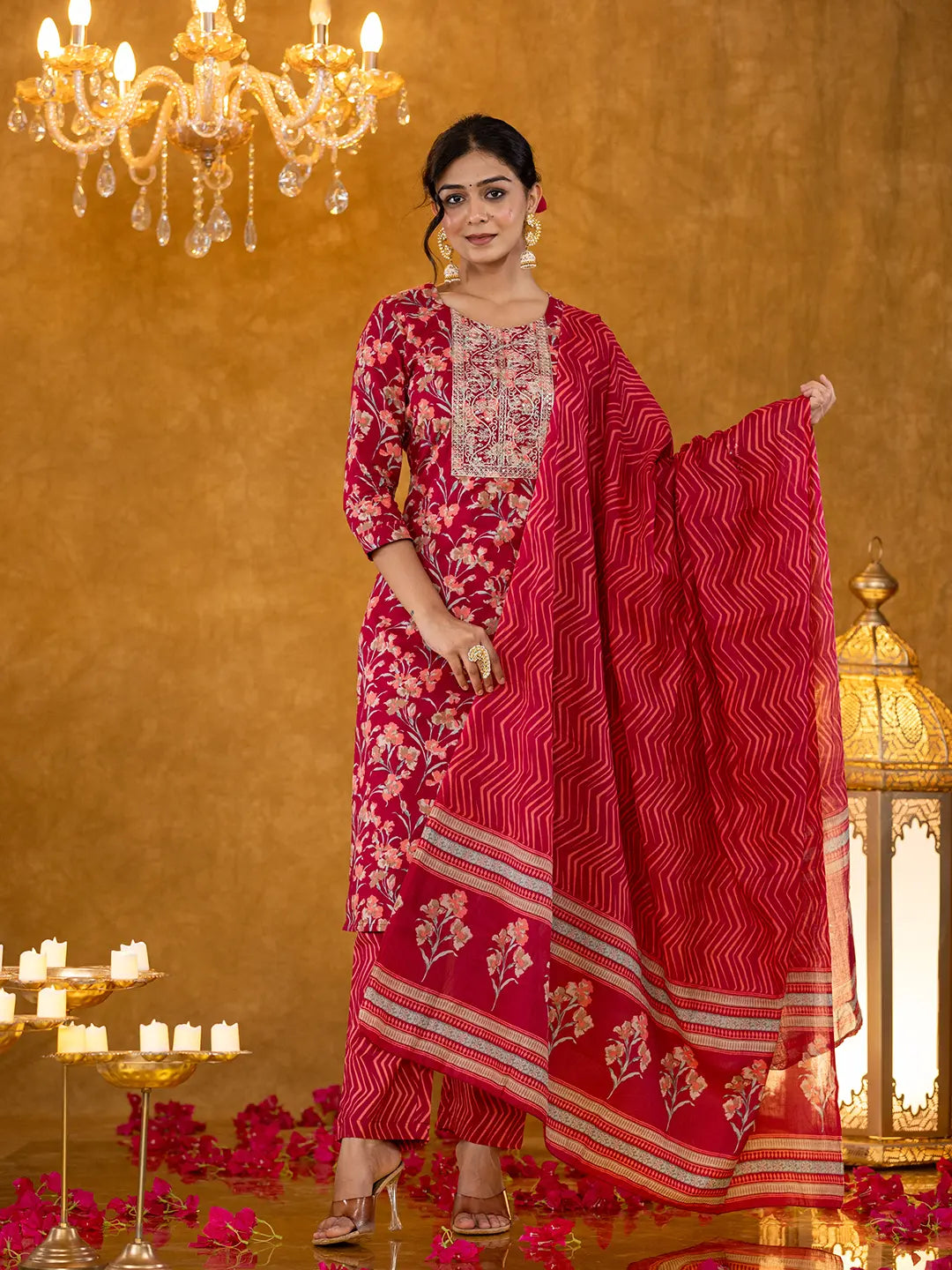 Yufta Burgundy Cotton Dori_Embroidery Straight Kurta Dupatta Pant Set - Distacart