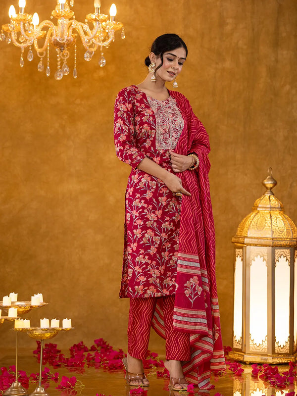 Yufta Burgundy Cotton Dori_Embroidery Straight Kurta Dupatta Pant Set - Distacart