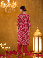 Thumbnail for Yufta Burgundy Cotton Dori_Embroidery Straight Kurta Dupatta Pant Set - Distacart