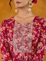 Thumbnail for Yufta Burgundy Cotton Dori_Embroidery Straight Kurta Dupatta Pant Set - Distacart