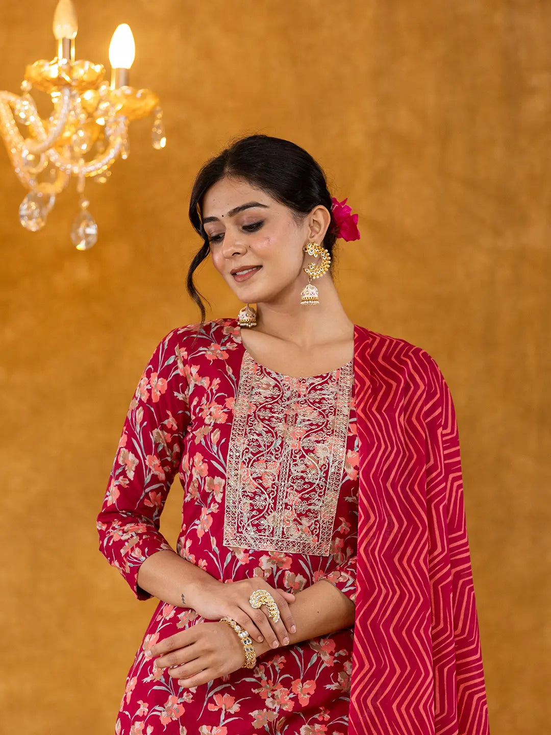 Yufta Burgundy Cotton Dori_Embroidery Straight Kurta Dupatta Pant Set - Distacart