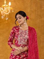 Thumbnail for Yufta Burgundy Cotton Dori_Embroidery Straight Kurta Dupatta Pant Set - Distacart