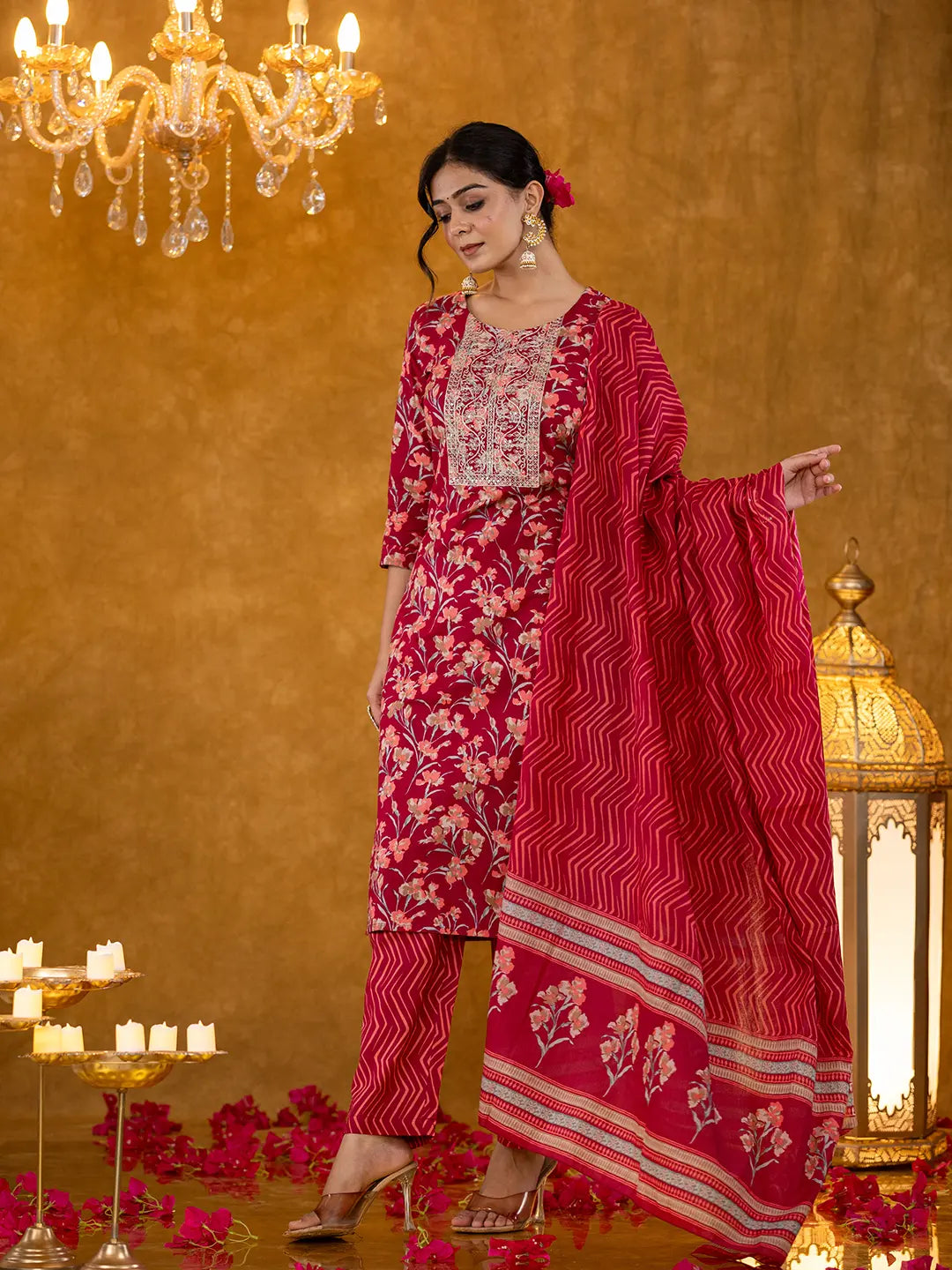 Yufta Burgundy Cotton Dori_Embroidery Straight Kurta Dupatta Pant Set - Distacart