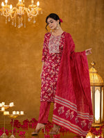 Thumbnail for Yufta Burgundy Cotton Dori_Embroidery Straight Kurta Dupatta Pant Set - Distacart