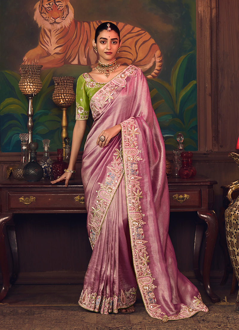 Monjolika Fashion Onion Pink Zari Woven Silk Blend Embroidered Saree For Wedding Wear - Distacart