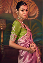 Thumbnail for Monjolika Fashion Onion Pink Zari Woven Silk Blend Embroidered Saree For Wedding Wear - Distacart