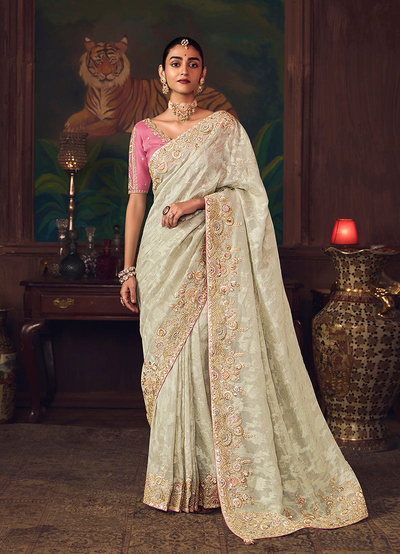Monjolika Fashion Off White Zari Woven Silk Blend Embroidered Saree For Wedding Wear - Distacart