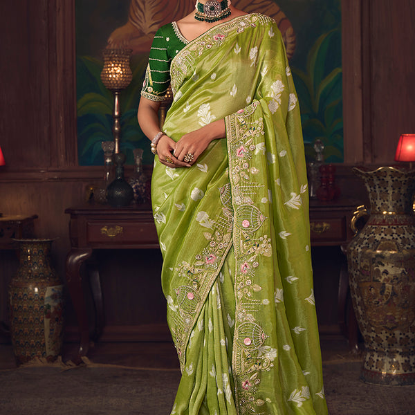 Monjolika Fashion Parrot Green Zari Woven Silk Blend Embroidered Saree For Wedding Wear - Distacart