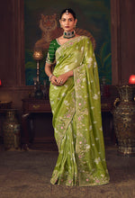 Thumbnail for Monjolika Fashion Parrot Green Zari Woven Silk Blend Embroidered Saree For Wedding Wear - Distacart