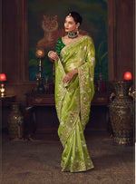 Thumbnail for Monjolika Fashion Parrot Green Zari Woven Silk Blend Embroidered Saree For Wedding Wear - Distacart