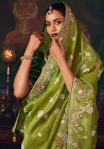 Thumbnail for Monjolika Fashion Parrot Green Zari Woven Silk Blend Embroidered Saree For Wedding Wear - Distacart