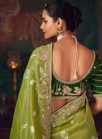 Thumbnail for Monjolika Fashion Parrot Green Zari Woven Silk Blend Embroidered Saree For Wedding Wear - Distacart