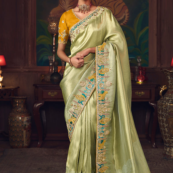 Monjolika Fashion Light Green Zari Woven Silk Blend Embroidered Saree For Wedding Wear - Distacart