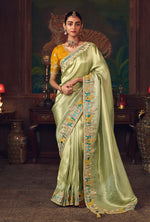 Thumbnail for Monjolika Fashion Light Green Zari Woven Silk Blend Embroidered Saree For Wedding Wear - Distacart
