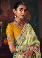 Thumbnail for Monjolika Fashion Light Green Zari Woven Silk Blend Embroidered Saree For Wedding Wear - Distacart