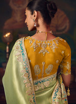 Thumbnail for Monjolika Fashion Light Green Zari Woven Silk Blend Embroidered Saree For Wedding Wear - Distacart