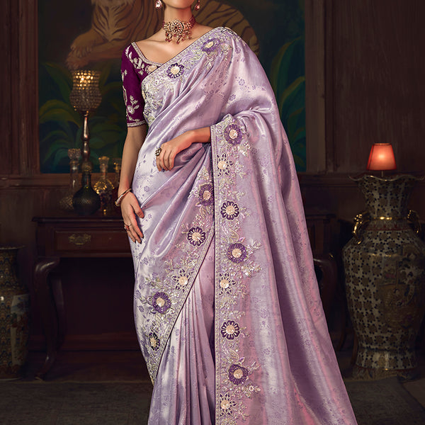 Monjolika Fashion Lavender Zari Woven Silk Blend Embroidered Saree For Wedding Wear - Distacart