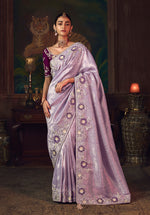 Thumbnail for Monjolika Fashion Lavender Zari Woven Silk Blend Embroidered Saree For Wedding Wear - Distacart