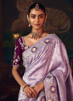 Thumbnail for Monjolika Fashion Lavender Zari Woven Silk Blend Embroidered Saree For Wedding Wear - Distacart