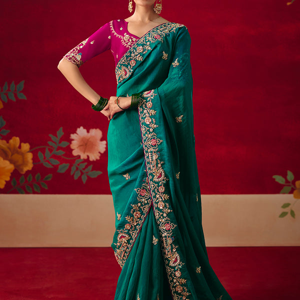 Monjolika Fashion Teal Fancy Fabric Embroidered Thread Work Classic Saree - Distacart