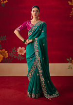 Thumbnail for Monjolika Fashion Teal Fancy Fabric Embroidered Thread Work Classic Saree - Distacart