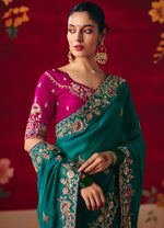 Thumbnail for Monjolika Fashion Teal Fancy Fabric Embroidered Thread Work Classic Saree - Distacart