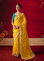 Thumbnail for Monjolika Fashion Yellow Fancy Fabric Embroidered Thread Work Classic Saree - Distacart