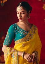 Thumbnail for Monjolika Fashion Yellow Fancy Fabric Embroidered Thread Work Classic Saree - Distacart