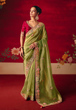 Thumbnail for Monjolika Fashion Green Fancy Fabric Embroidered Thread Work Classic Saree - Distacart