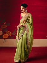 Thumbnail for Monjolika Fashion Green Fancy Fabric Embroidered Thread Work Classic Saree - Distacart
