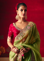 Thumbnail for Monjolika Fashion Green Fancy Fabric Embroidered Thread Work Classic Saree - Distacart