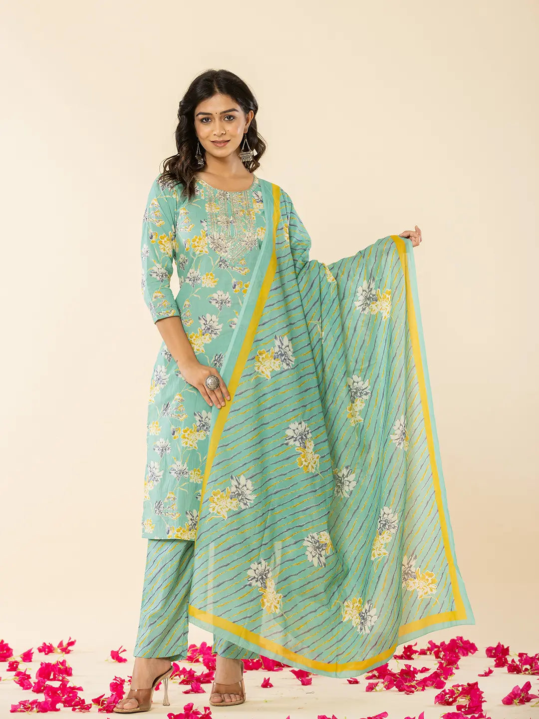 Yufta Sea Green Cotton Dori_Embroidery Straight Kurta Dupatta Pant Set - Distacart