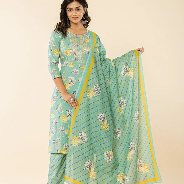 Yufta Sea Green Cotton Dori_Embroidery Straight Kurta Dupatta Pant Set - Distacart