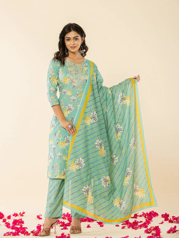 Yufta Sea Green Cotton Dori_Embroidery Straight Kurta Dupatta Pant Set
