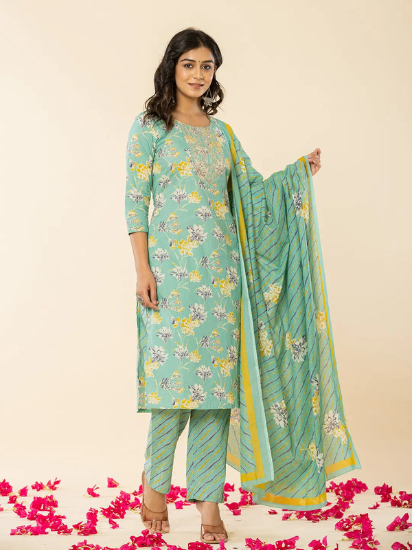 Yufta Sea Green Cotton Dori_Embroidery Straight Kurta Dupatta Pant Set