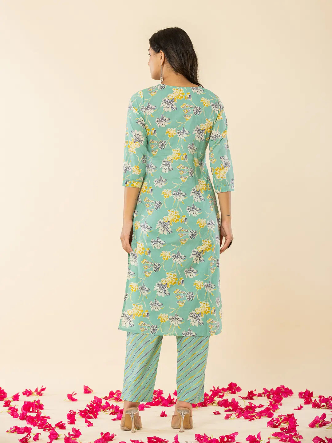 Yufta Sea Green Cotton Dori_Embroidery Straight Kurta Dupatta Pant Set