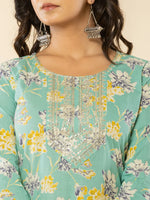 Thumbnail for Yufta Sea Green Cotton Dori_Embroidery Straight Kurta Dupatta Pant Set