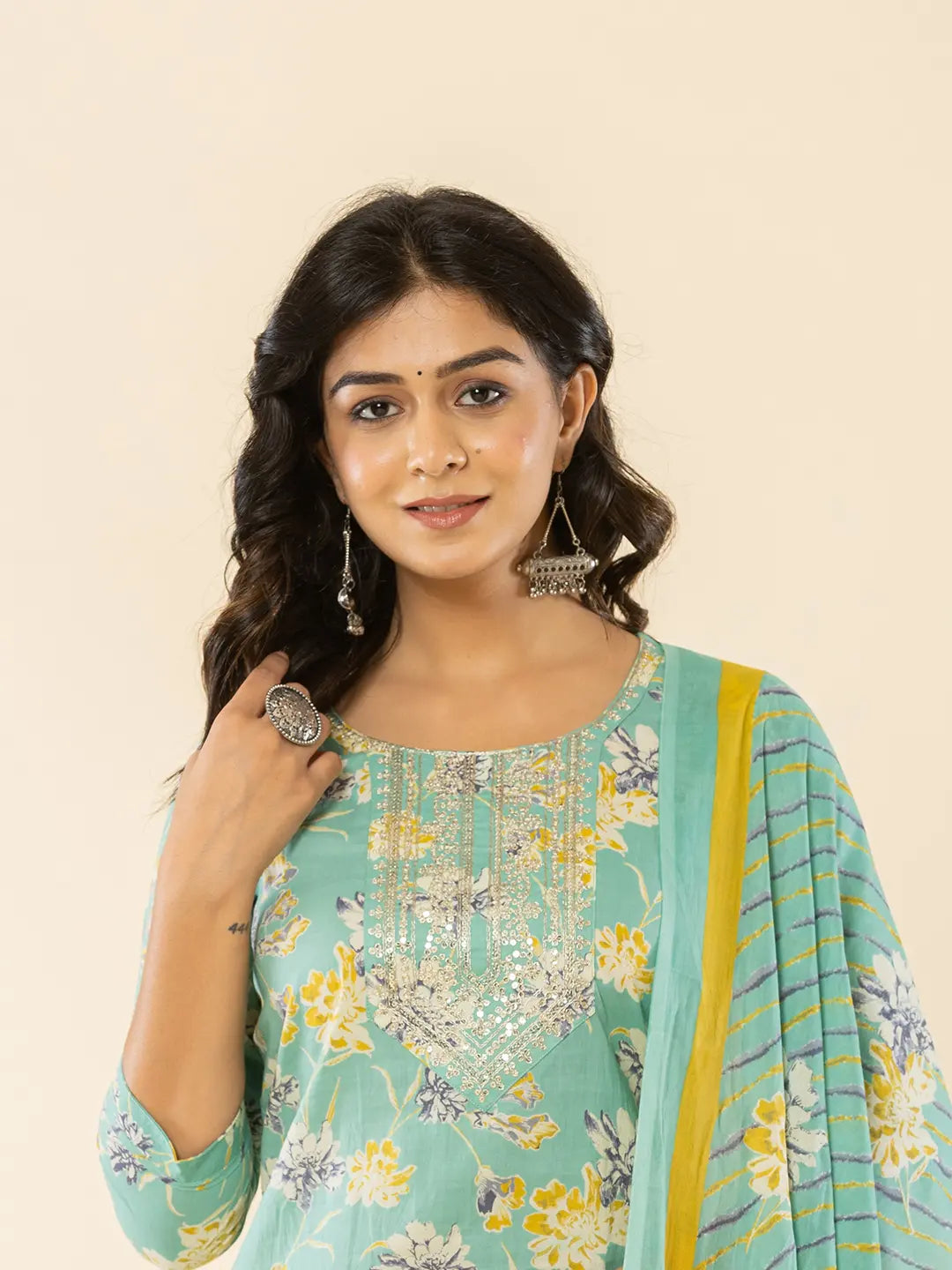 Yufta Sea Green Cotton Dori_Embroidery Straight Kurta Dupatta Pant Set