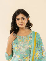 Thumbnail for Yufta Sea Green Cotton Dori_Embroidery Straight Kurta Dupatta Pant Set