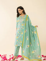 Thumbnail for Yufta Sea Green Cotton Dori_Embroidery Straight Kurta Dupatta Pant Set