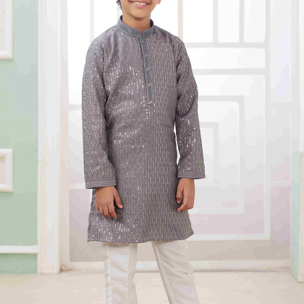 Raivat Ethnic Art Silk Embroidery Work Kids Kurta Pajama In Grey Colour - Distacart