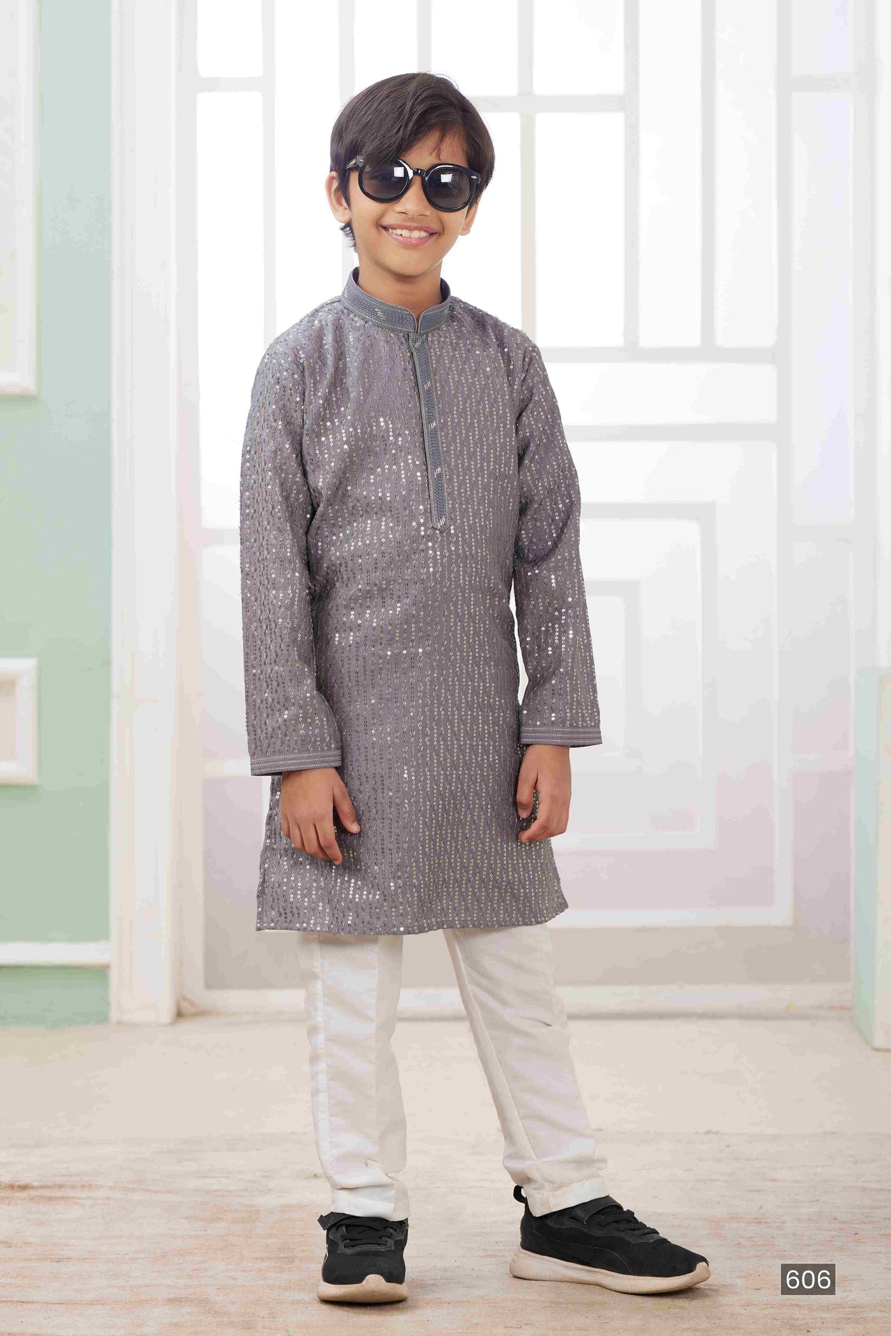 Raivat Ethnic Art Silk Embroidery Work Kids Kurta Pajama In Grey Colour - Distacart