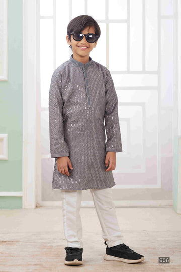 Raivat Ethnic Art Silk Embroidery Work Kids Kurta Pajama In Grey Colour - Distacart