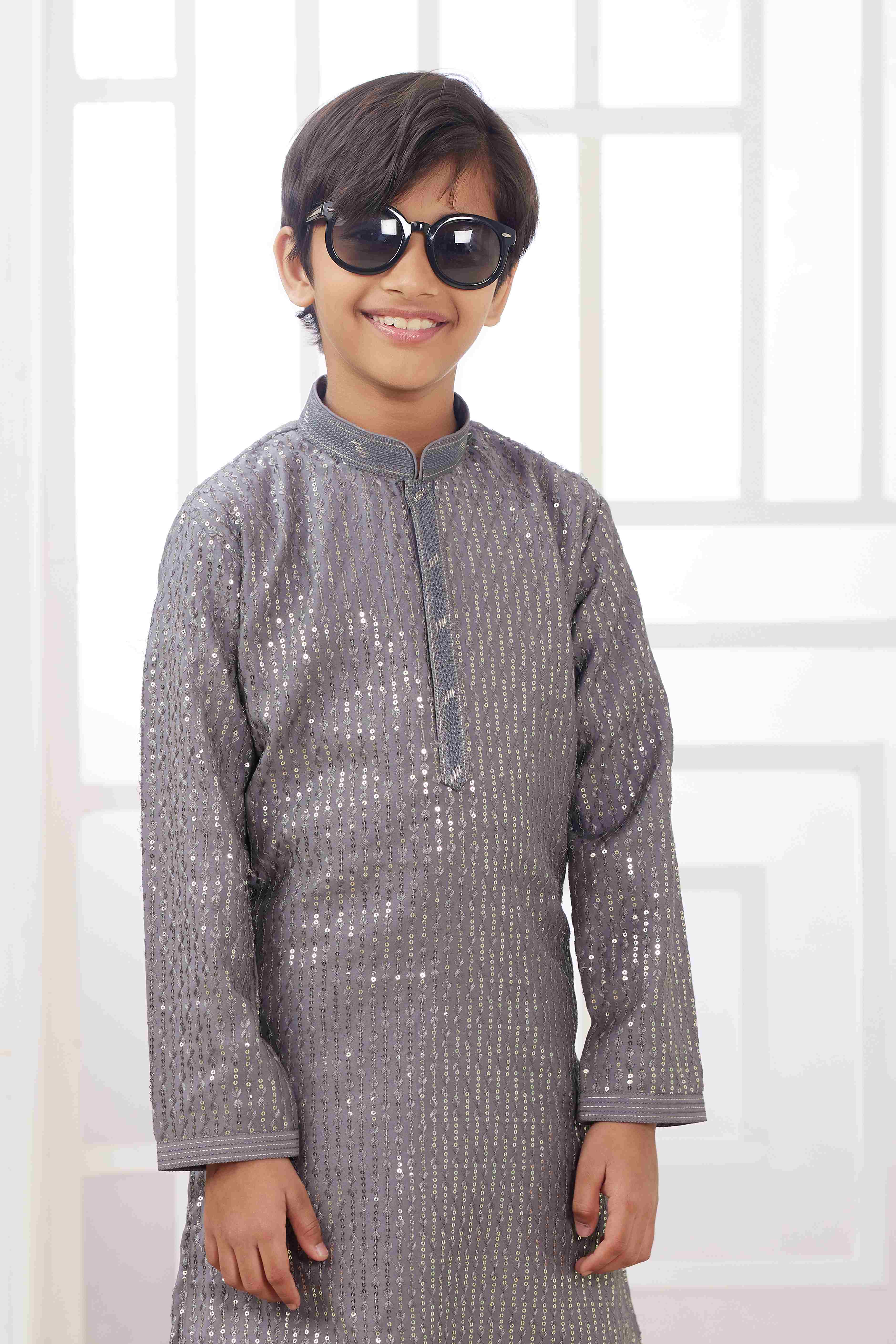 Raivat Ethnic Art Silk Embroidery Work Kids Kurta Pajama In Grey Colour - Distacart