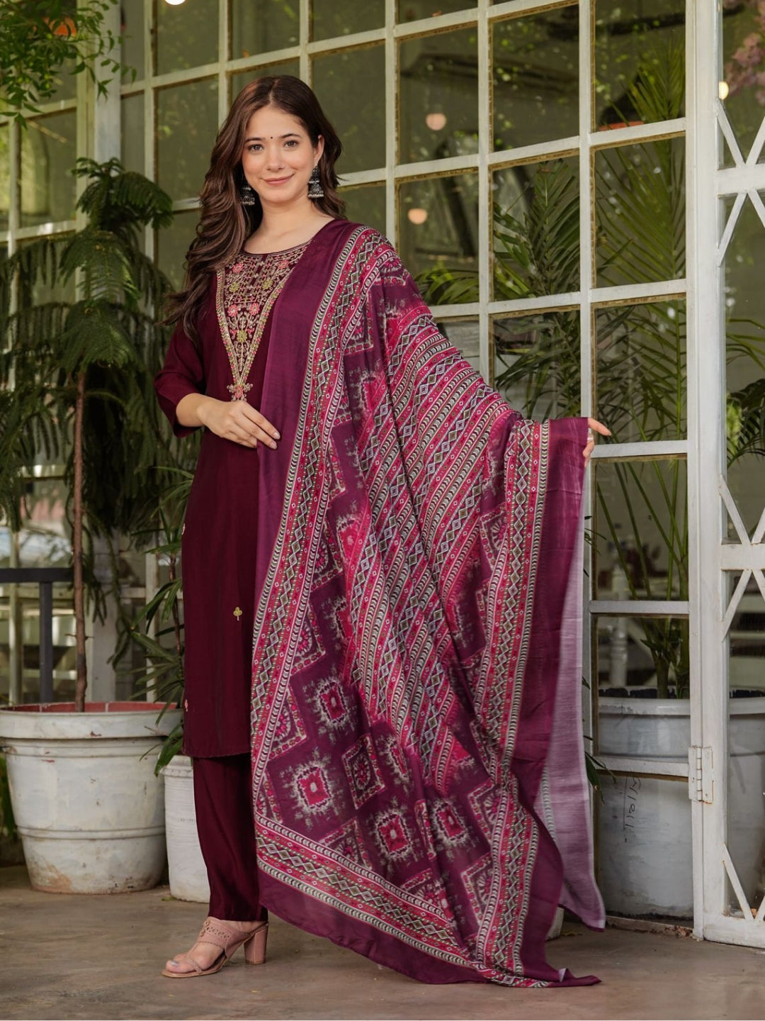 The52 Women's Gorgeous Rayon Slub Embroidery Straight Kurta with Pant And Dupatta Set