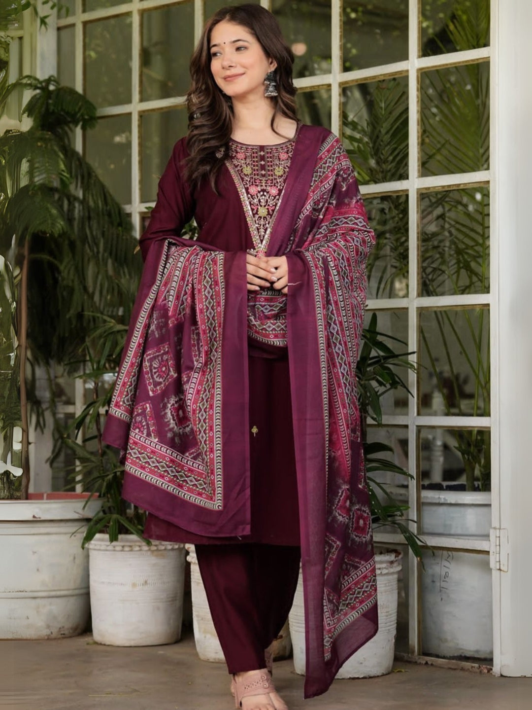 The52 Women's Gorgeous Rayon Slub Embroidery Straight Kurta with Pant And Dupatta Set
