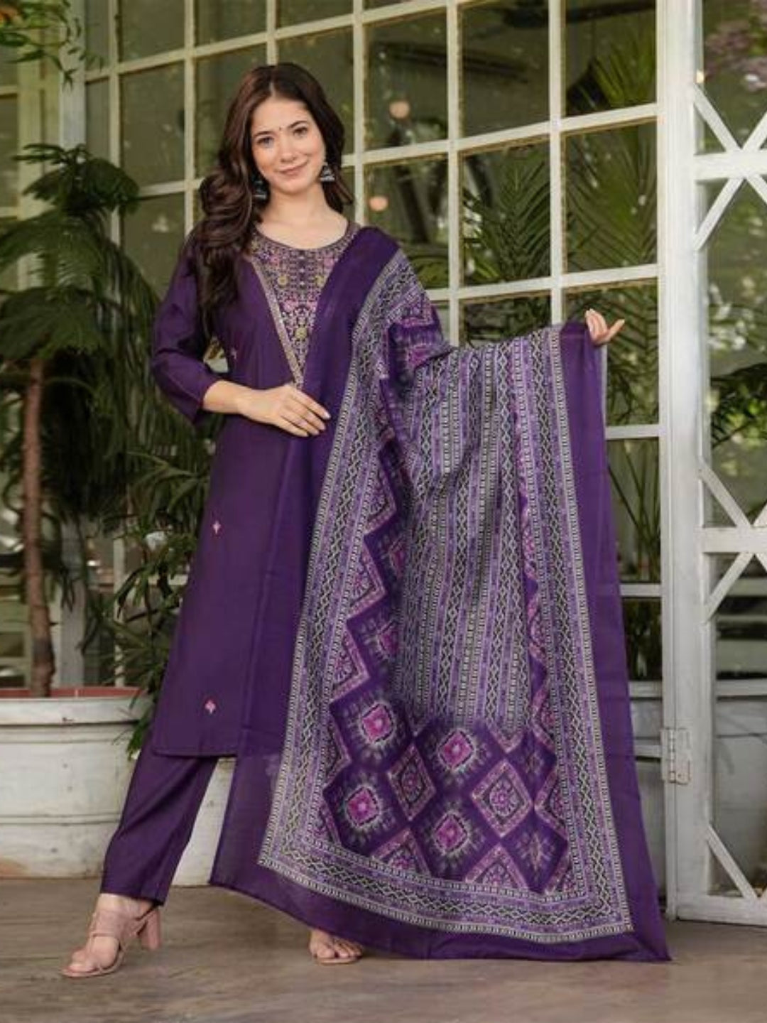 The52 Women's Gorgeous Rayon Slub Embroidery Straight Kurta with Pant And Dupatta Set