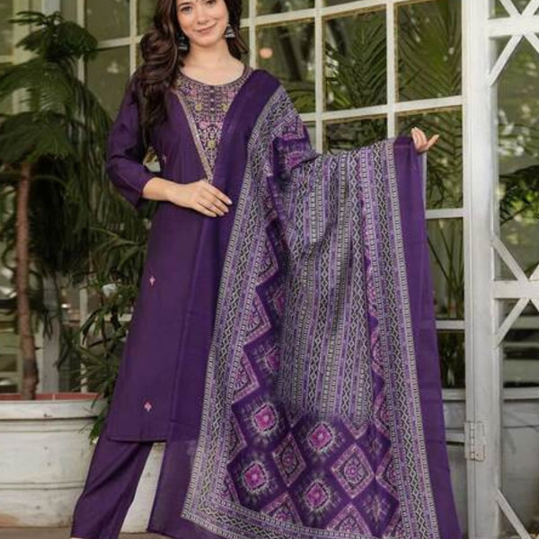 The52 Women's Gorgeous Rayon Slub Embroidery Straight Kurta with Pant And Dupatta Set