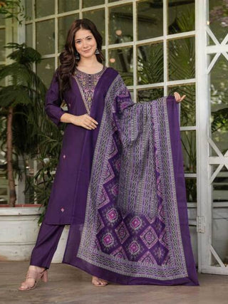 The52 Women's Gorgeous Rayon Slub Embroidery Straight Kurta with Pant And Dupatta Set